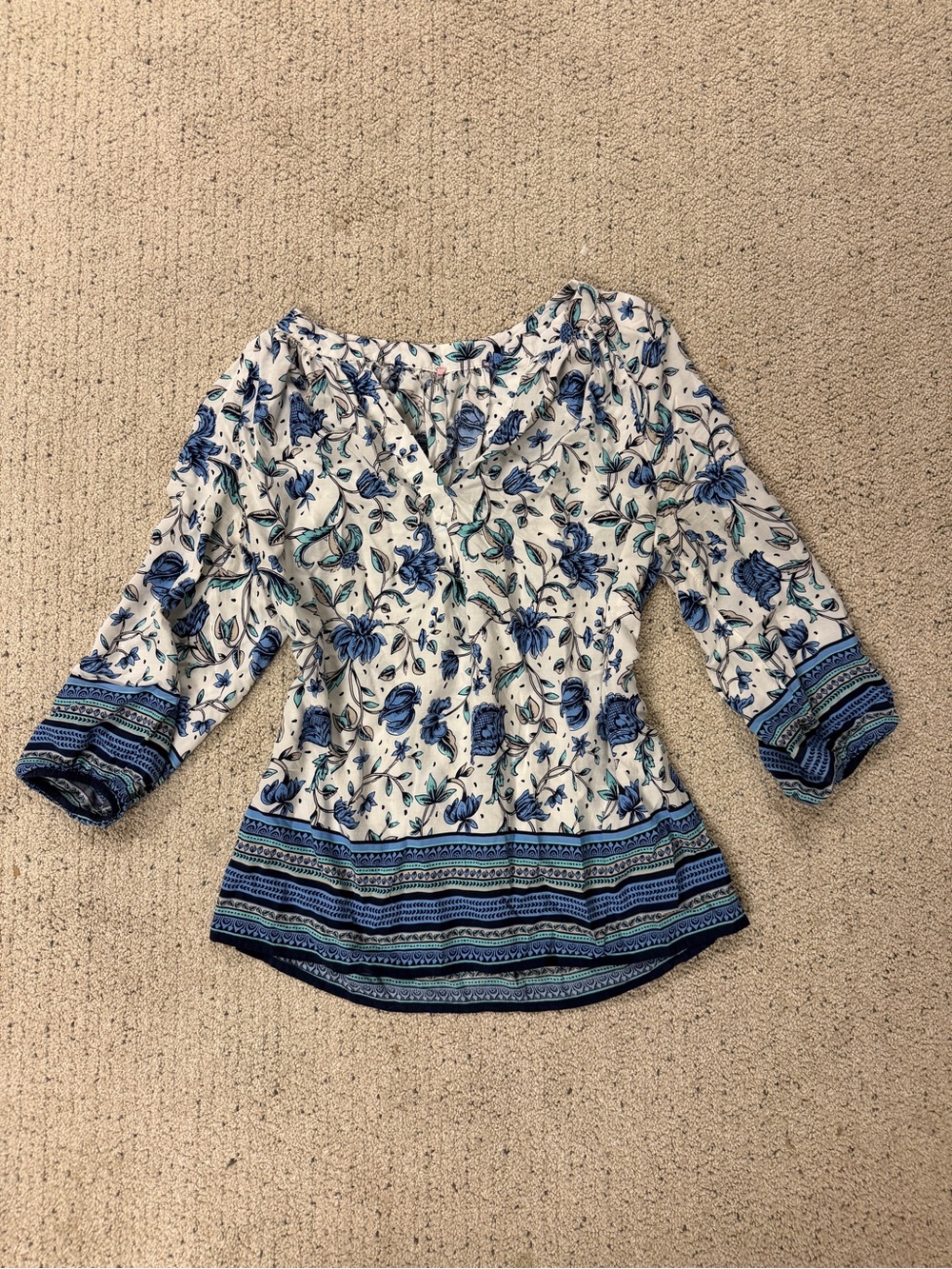 Floral Blue Peasant Blouse - Women's Top